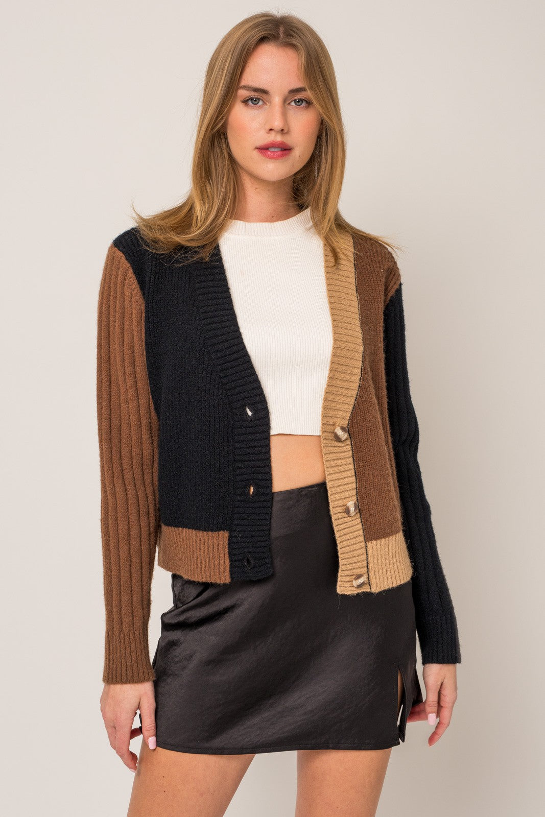 Long Sleeve Color Block Sweater Cardigan