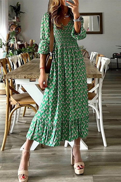 Boho Long Sleeve Ruffle Hem Dress Green