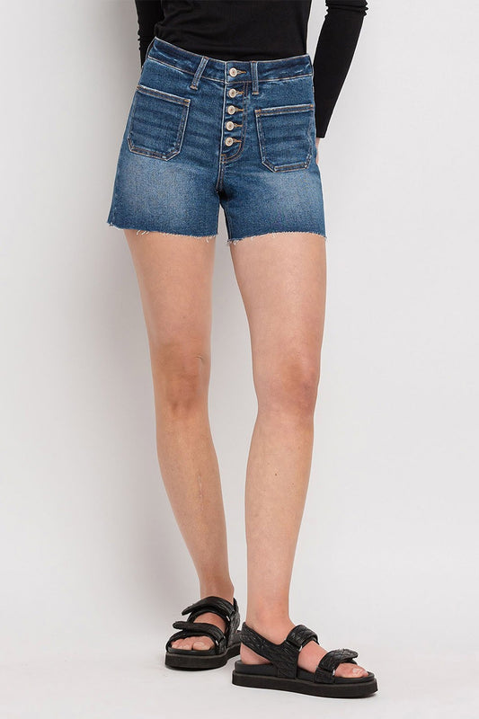 High Rise Patched Button Fly Shorts