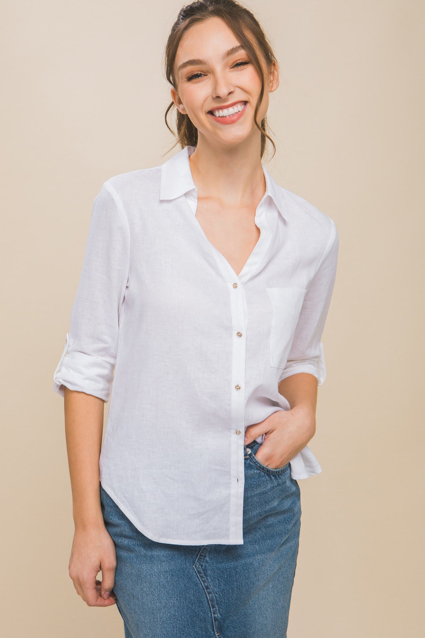 Linen Button Down V-Neck Cuffed Basic Shirt