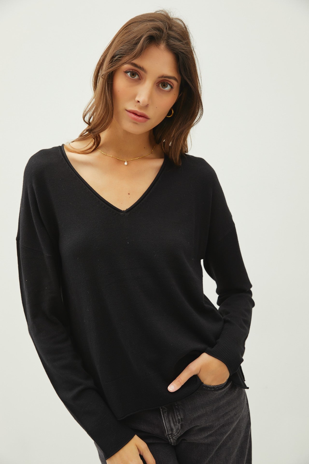 V Neck Drop Shoulder Long Sleeve Sweater