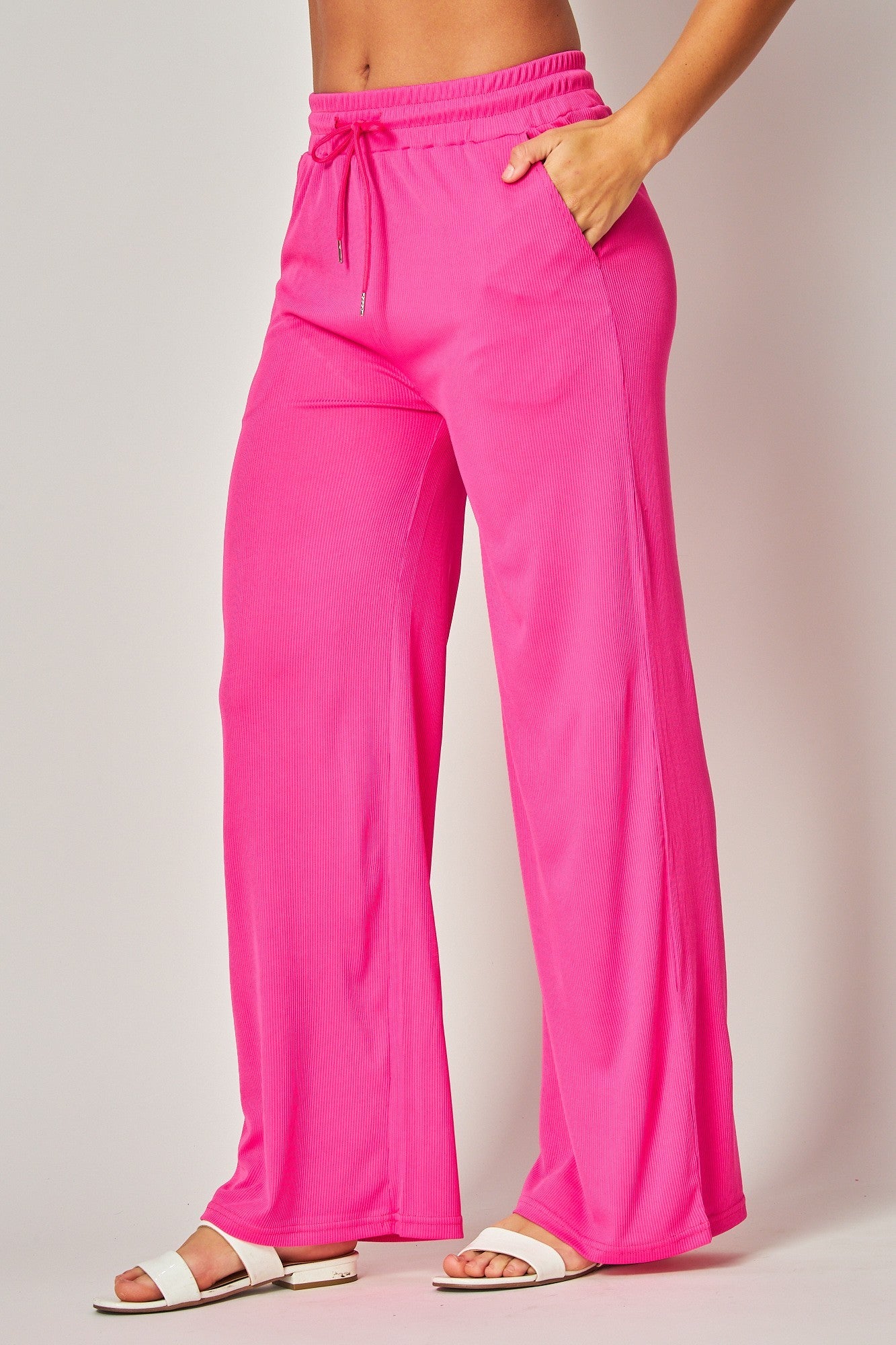 Stretchy Ribbed Drawstring Pocket Wide Leg Pants