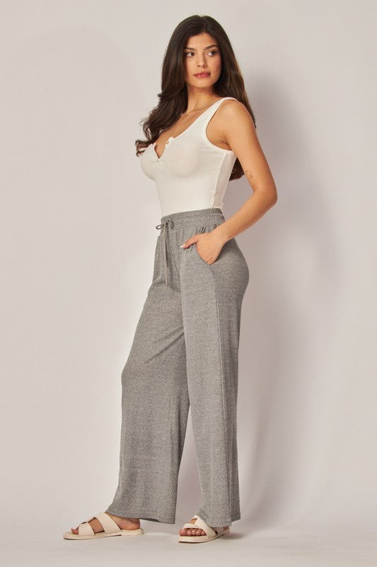 Stretchy Ribbed Drawstring Pocket Wide Leg Pants