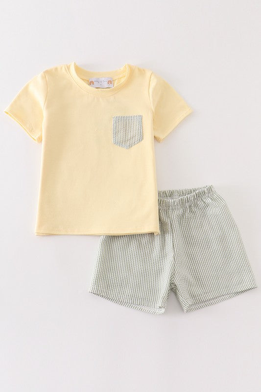 Green & yellow seersucker stripe boy set