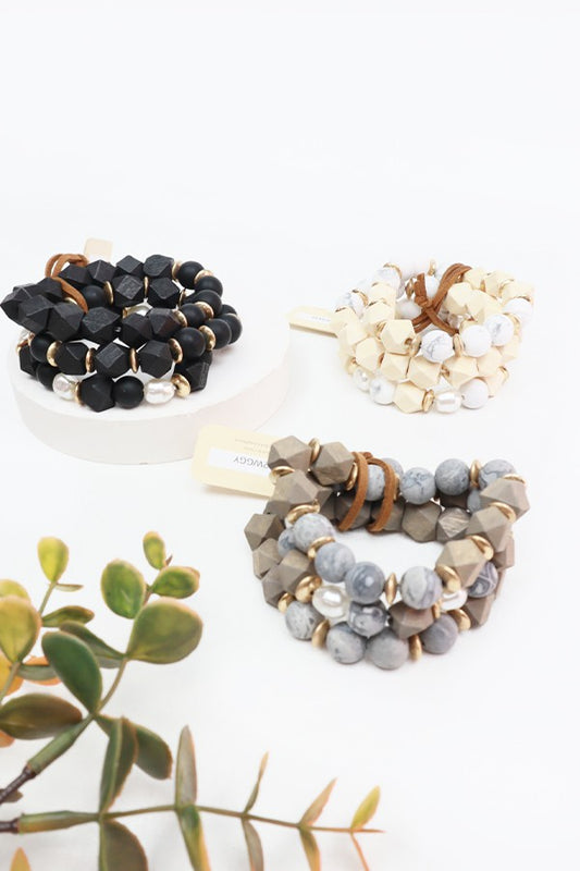 3 Layer Wood and Stone Bracelet