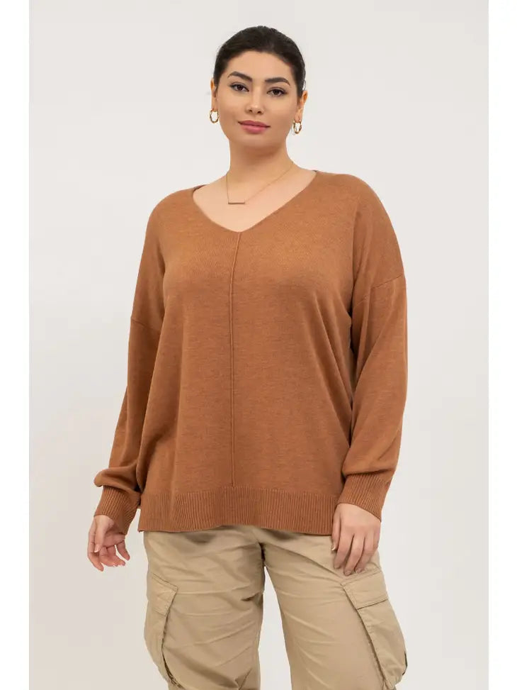 Plus Solid Extended Shoulder V Neck Sweater Sienna