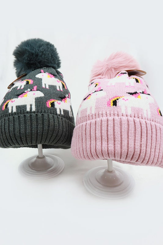 Kids Unicorn Knit Pom Pom Beanie