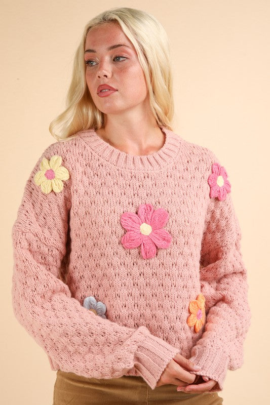 Flower Applique Knit Sweater