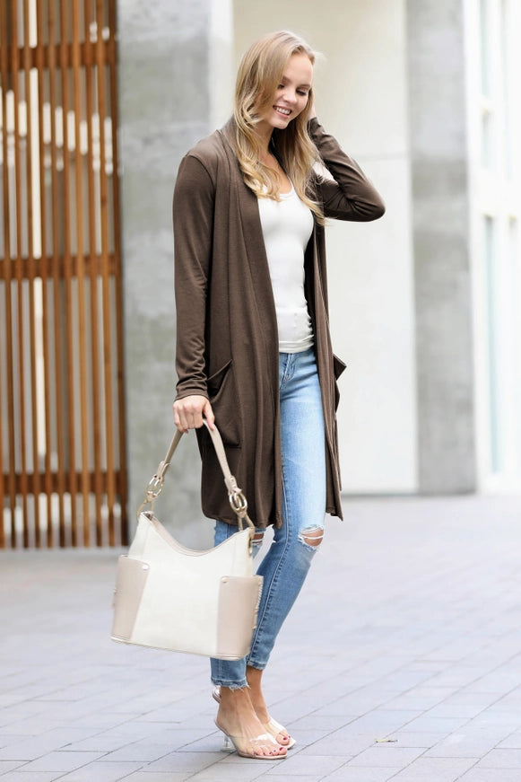 Long Sleeve Slouchy Pocket Open Cardigan Brown