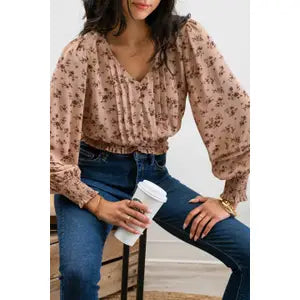 Floral Front Pleated Woven Top Mocha