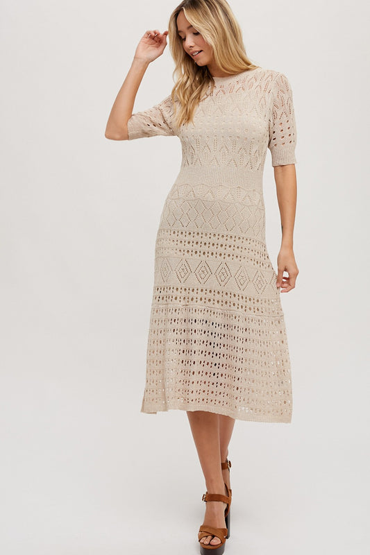 Open Knit Crochet Midi Dress With Liner