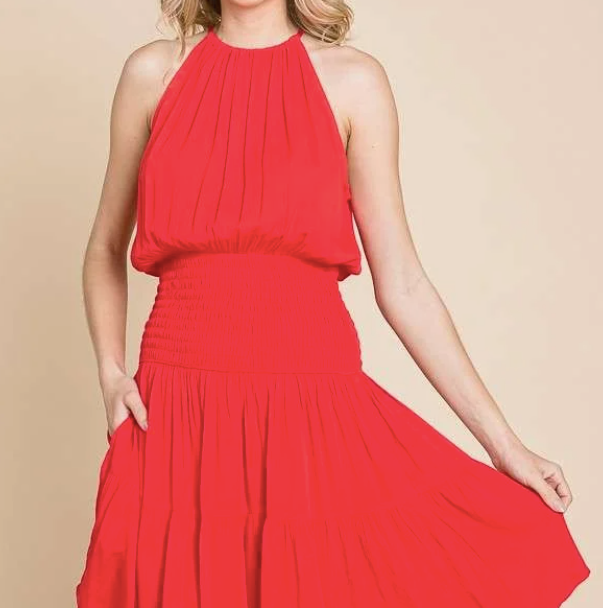 Red Halter Neck Tiered Dress