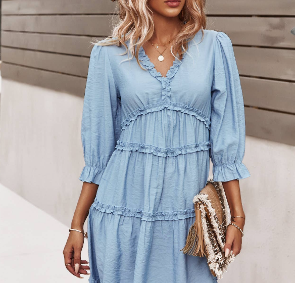 V Neck Solid Ruffle Loose Fit Swing Dress