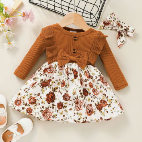 2pcs Baby Solid Long Sleeve Floral Dress Set