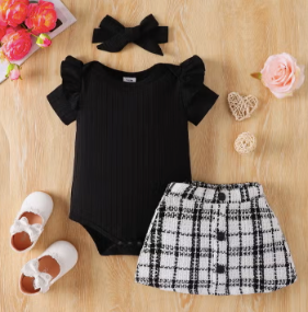 3pcs Baby Girl Black Romper Tweed Skirt & Headband Set