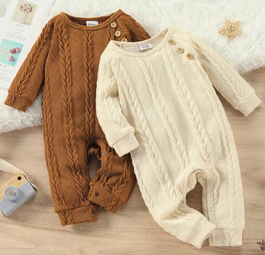 Baby Boy/Girl Solid Cable Knit Long-Sleeve Jumpsuit