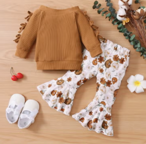 2-piece Solid Long Sleeve Top and Floral Pant set