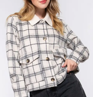 Faux Fur Collar Plaid Shacket