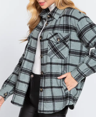 Wool Blend Plaid Button Down Jacket