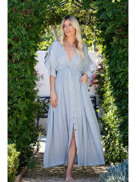 Button Down Flowy Maxi Dress - Misty Blue