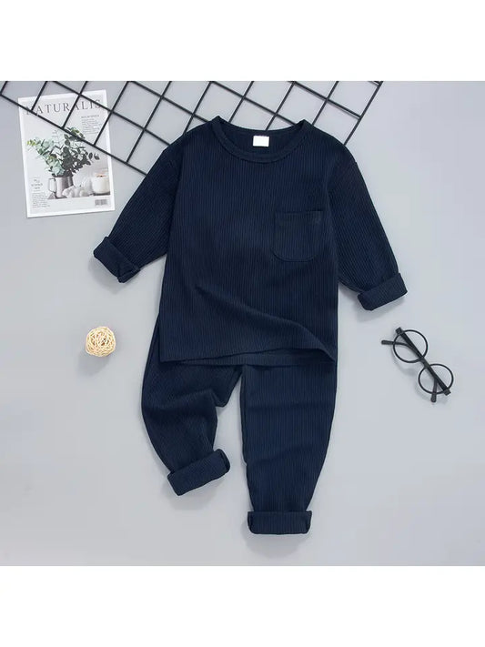 2-piece Toddler Round-Collar Top & Pants Set - Dark Blue