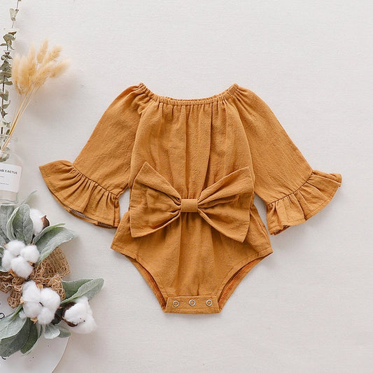 Long-Sleeve Baby Romper with Bow- Ginger