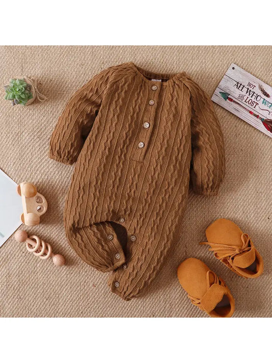 Solid Knitted Button Design Long-Sleeve Baby Jumpsuit