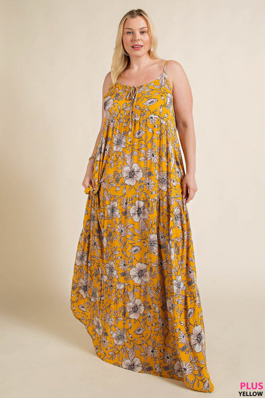 Plus Maxi Tiered Dress Yellow Floral