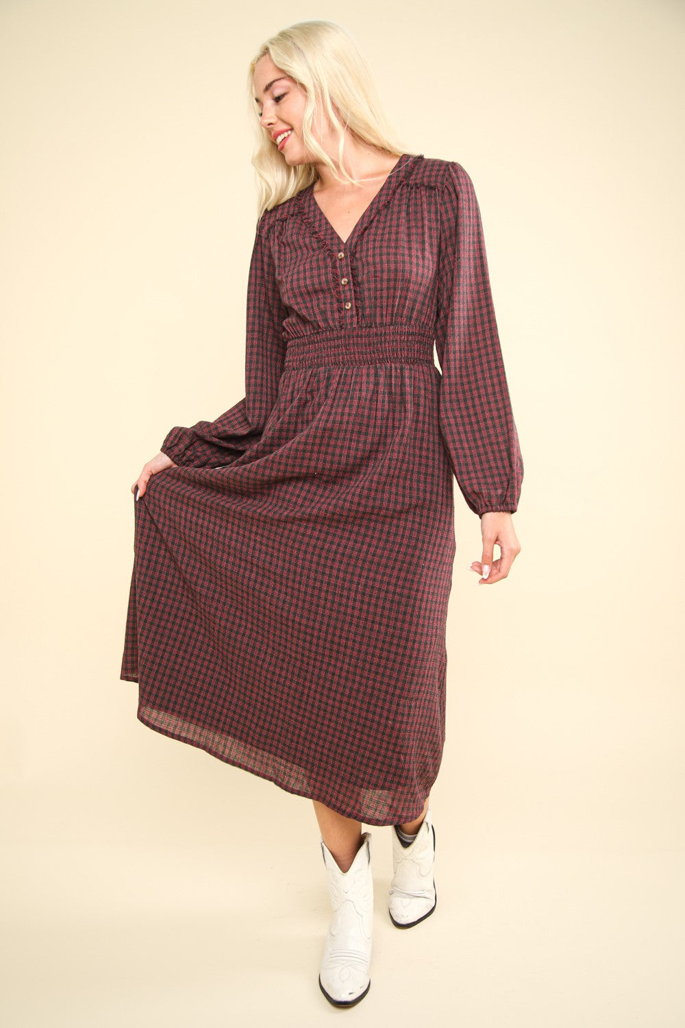 Smocking Long Sleeve Frayed Plaid Midi Dress