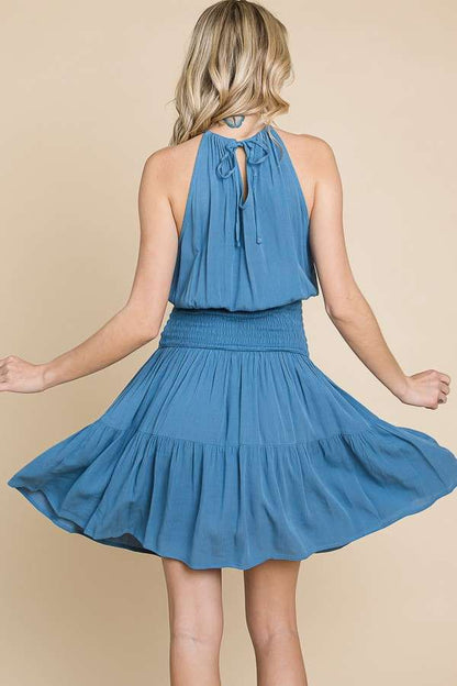 Chambray Halter Neck Tiered Dress