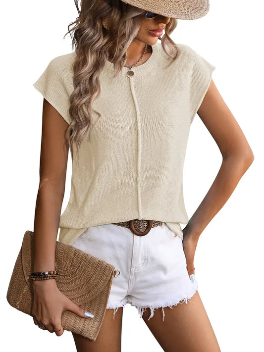 Beige Knitted Casual Short Sleeve Top