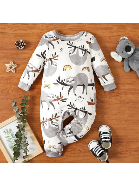 Baby Boy Cartoon Sloth Print White Long-Sleeve Jumpsuit