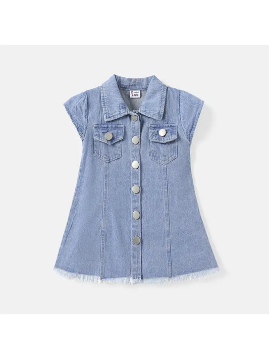 Baby Girl Button Front Cap-Sleeve Denim Dress