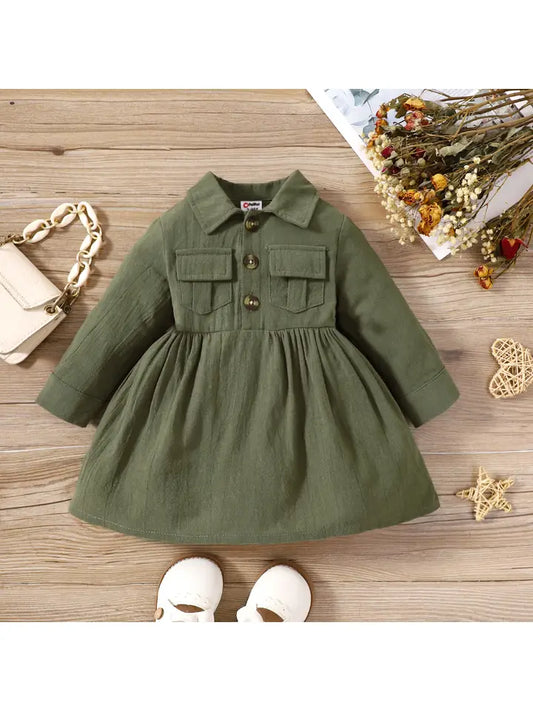 Baby Girl Solid Long-Sleeve Button Dress- green