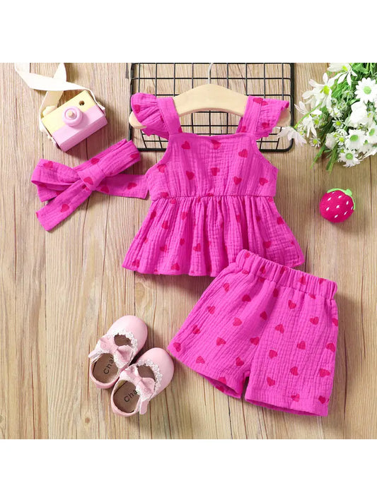 Sweet Heart-Shaped Baby Girl 3pcs Cotton Summer Set