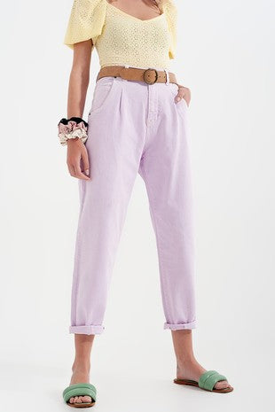 High Rise Mom Jeans with Front Pleat in Lilac