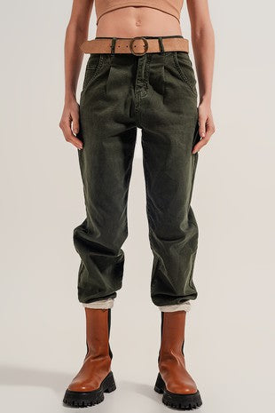 High Rise Mom Jeans with Front Pleat Green