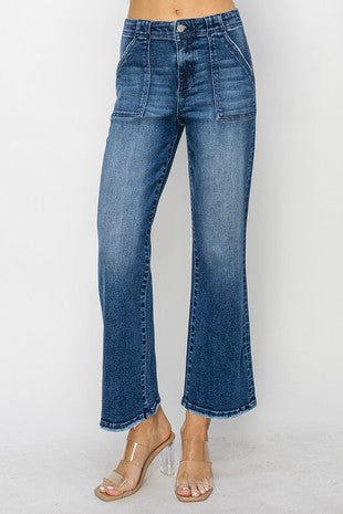 High Rise Patch Pocket Ankle Flare Jeans