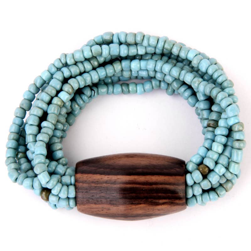 Wood barrel  glass beaded bracelet in Antique Turq Stretch