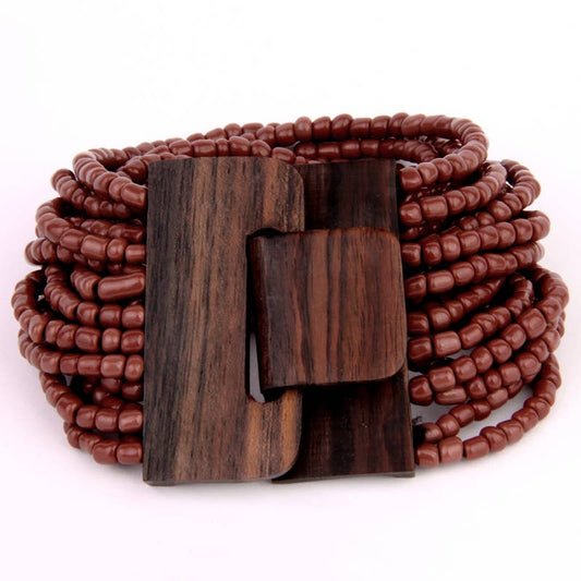 Wood buckle glass beaded bracelet in Antique Brown