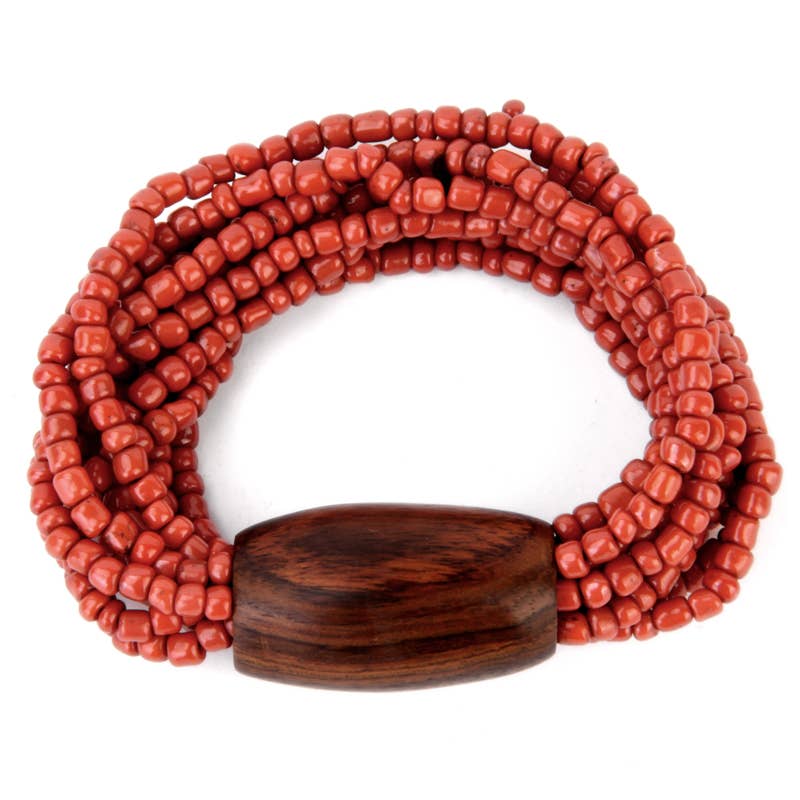 Wood barrel  glass beaded bracelet in Antique Coral Stretch